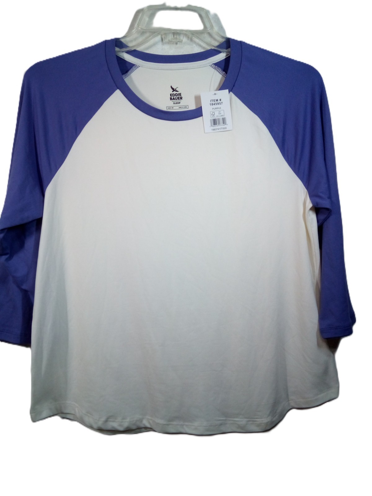 Eddie Bauer Sleep Top Women M Purple White Round Neck 3/4 Raglan Sleeve