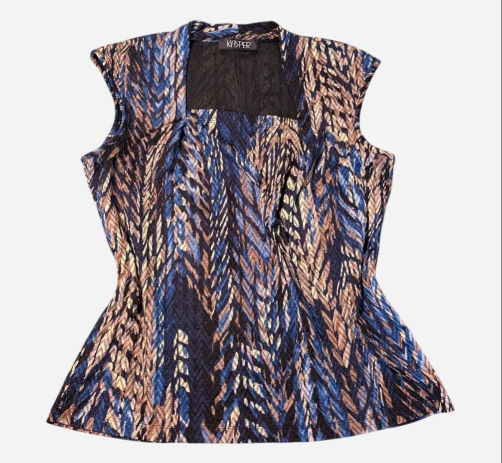 Vtg Kasper Blue Tan Black Brown Abstract Chevron Print Sleeveless Top Sz 14/16