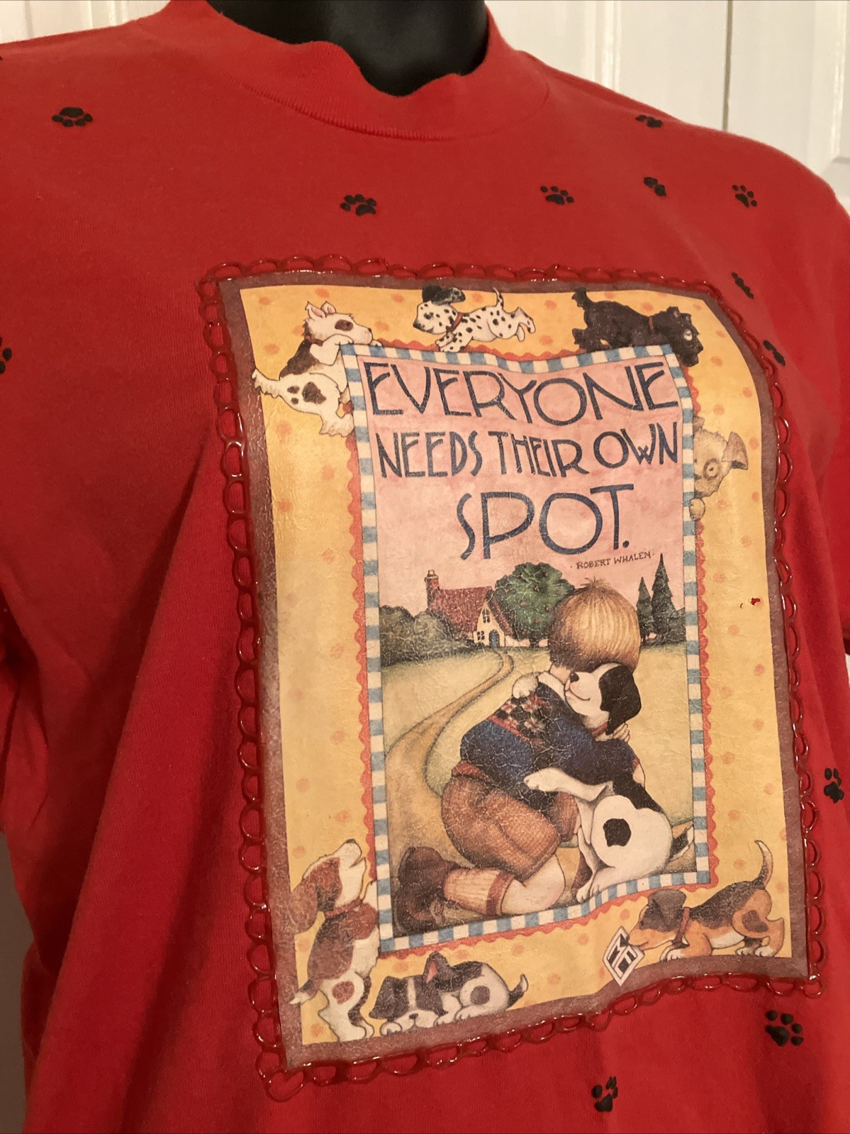 Vintage Mary Engelbreit Red Tee Shirt XL Everybody Needs Spot Dogs Paw Print