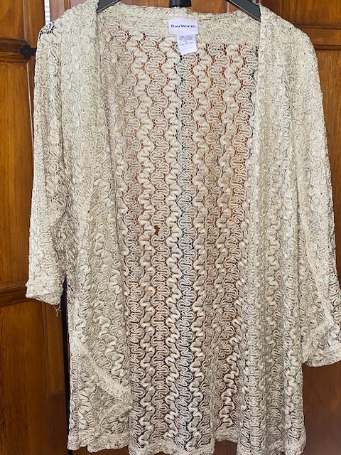 BonWorth XL Gold Lace Open Front Cardigan Sheer 3/4 Sleeve Kimono Cover Up