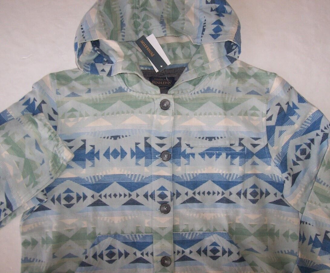 NWT Pendleton AQUA BLUE AZTEC Double Soft Button-Front Hoodie Shirt Women’s M