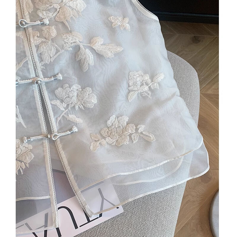 Chinese Embroidery Organza Stand Collar Vest Women’s Sleeveless Vest