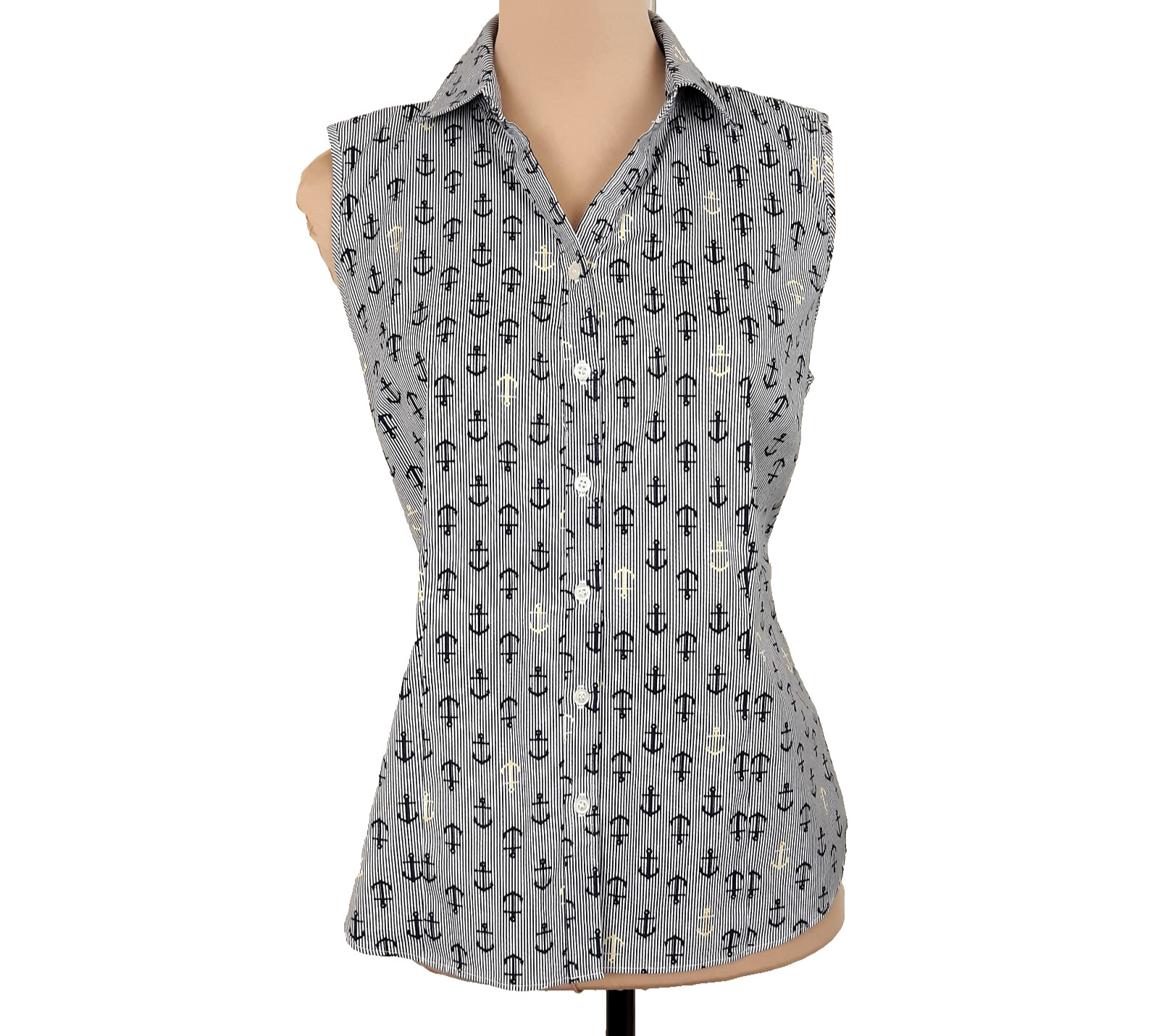Charter Club Nautical Sleeveless Blouse Women’s 12P Tailored Fit Button-Up Blue