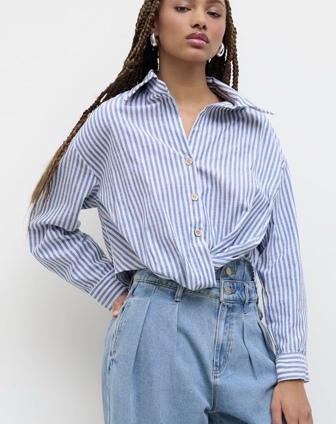 Cider button-down shirt blue white striped twist-front hem rolled tab sleeves XL