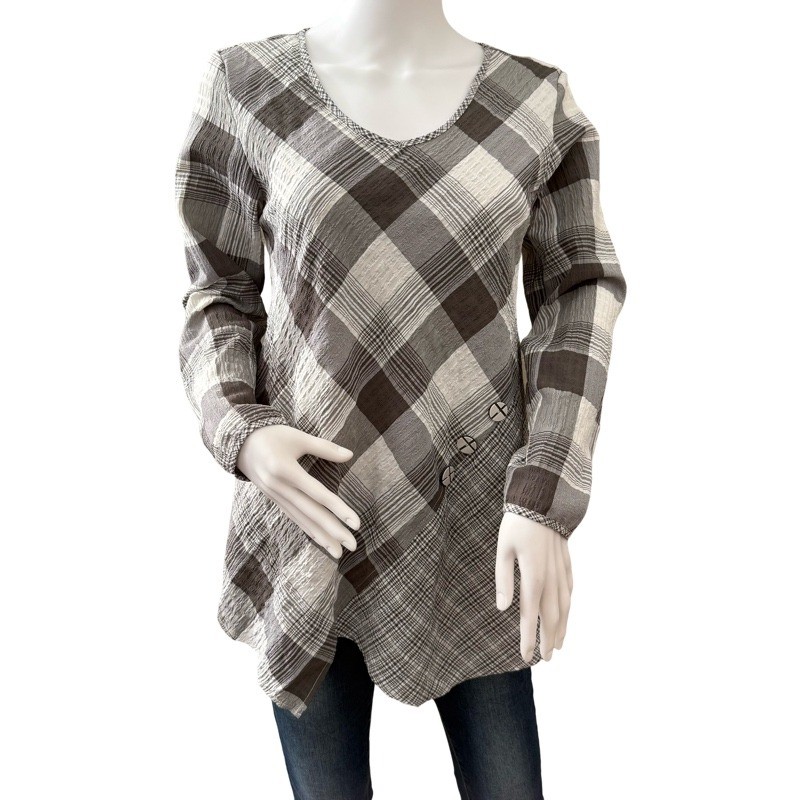 HABITAT Plaid Tunic Crinkle Top Gray White Long Sleeve V Neck Button Detail XS