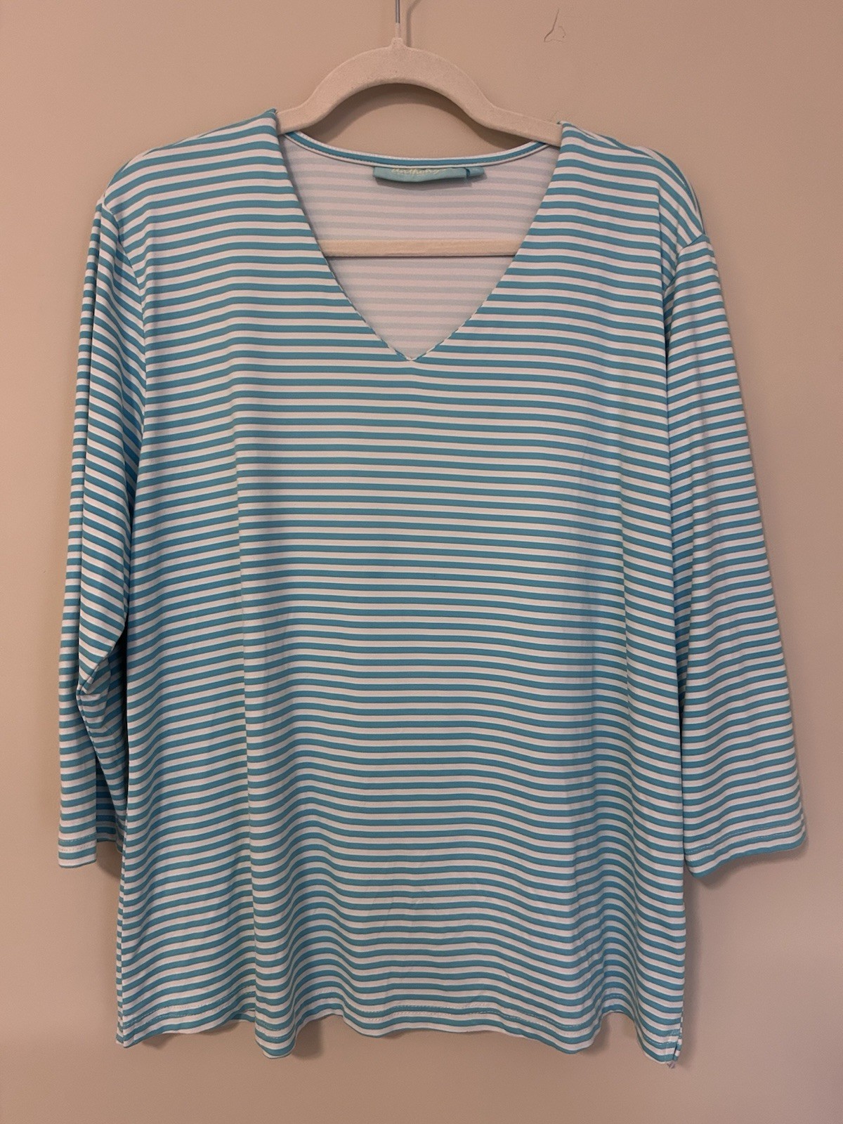 Anthonys Resort Wear Turquoise White Striped UPF50 V Neck Coastal Top XL