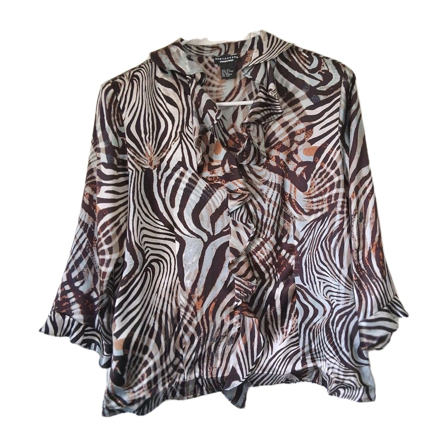 Doncaster Collection Silk Blouse Women’s Brown Blue Zebra Print Ruffles V-Neck