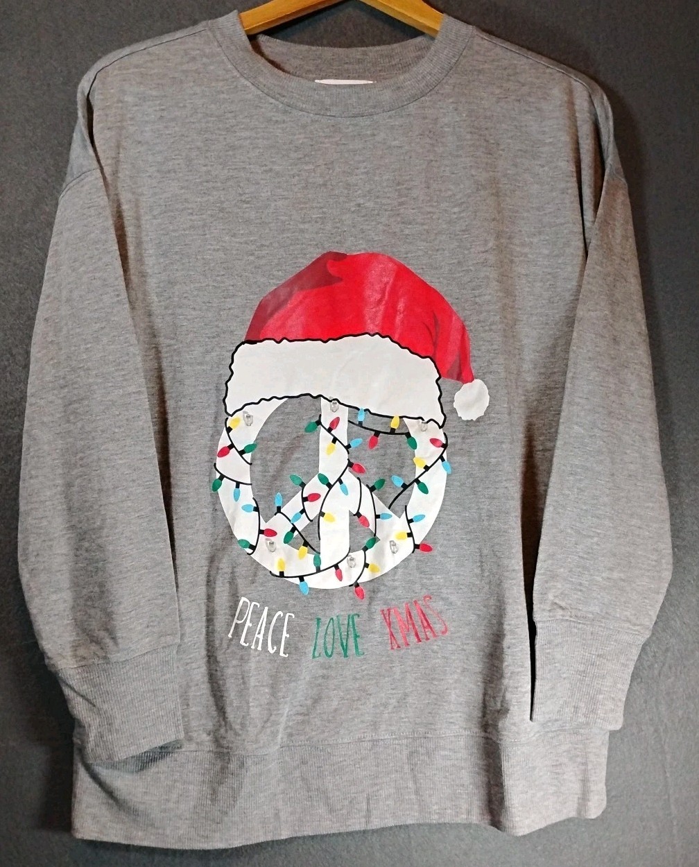 Rockin’ Around Peace Love Xmas Light Up Long Sleeved Shirt, Size Small