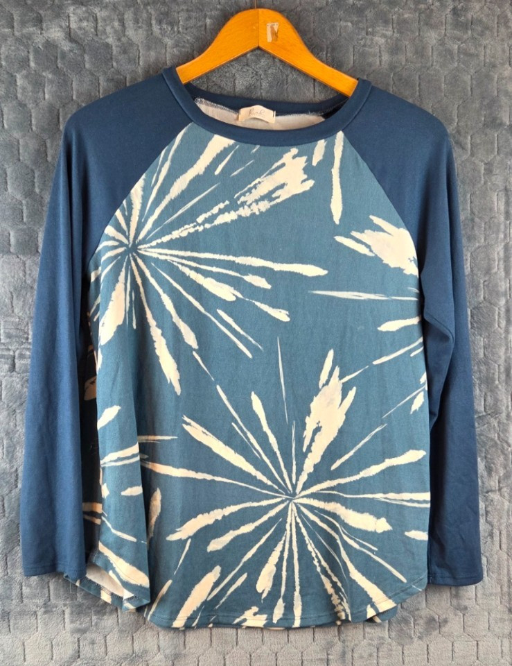 Riah Fashion Baseball Tee Blue With Star Burst Pattern Size XL Long Sleeve