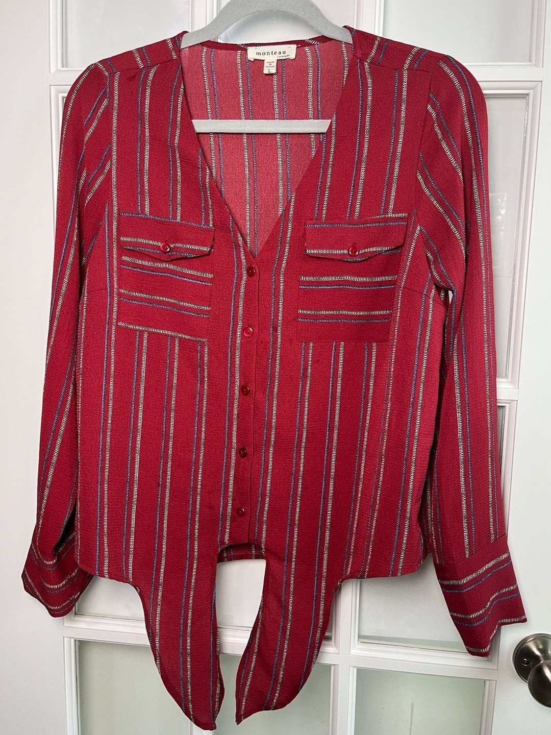Monteau Los Angeles Women’s Red Striped Tie-Front Long Sleeve Button-Down Blouse