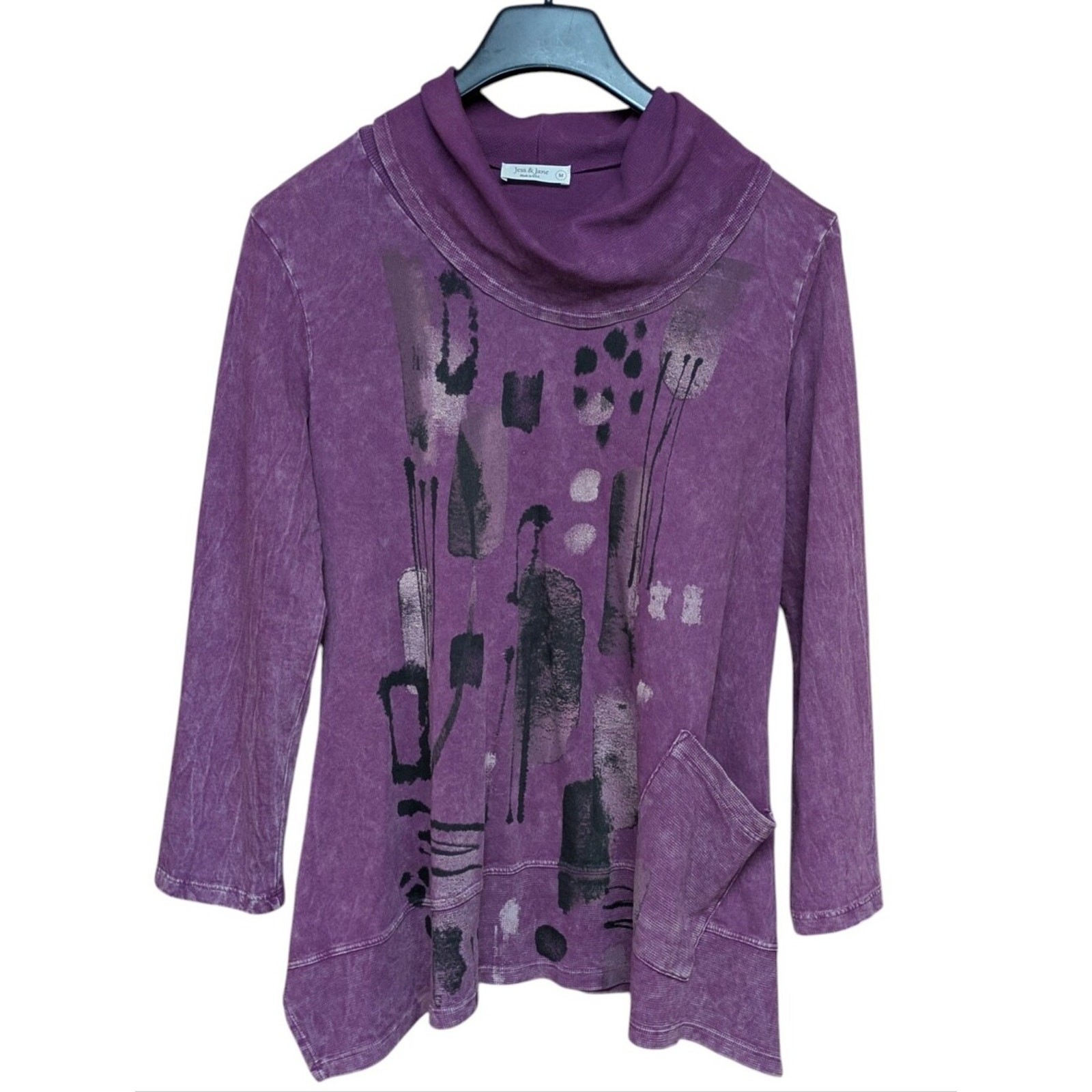 Jess & Jane Purple Cowl Neck Mineral Washed Abstract Graphic Top Size Medium