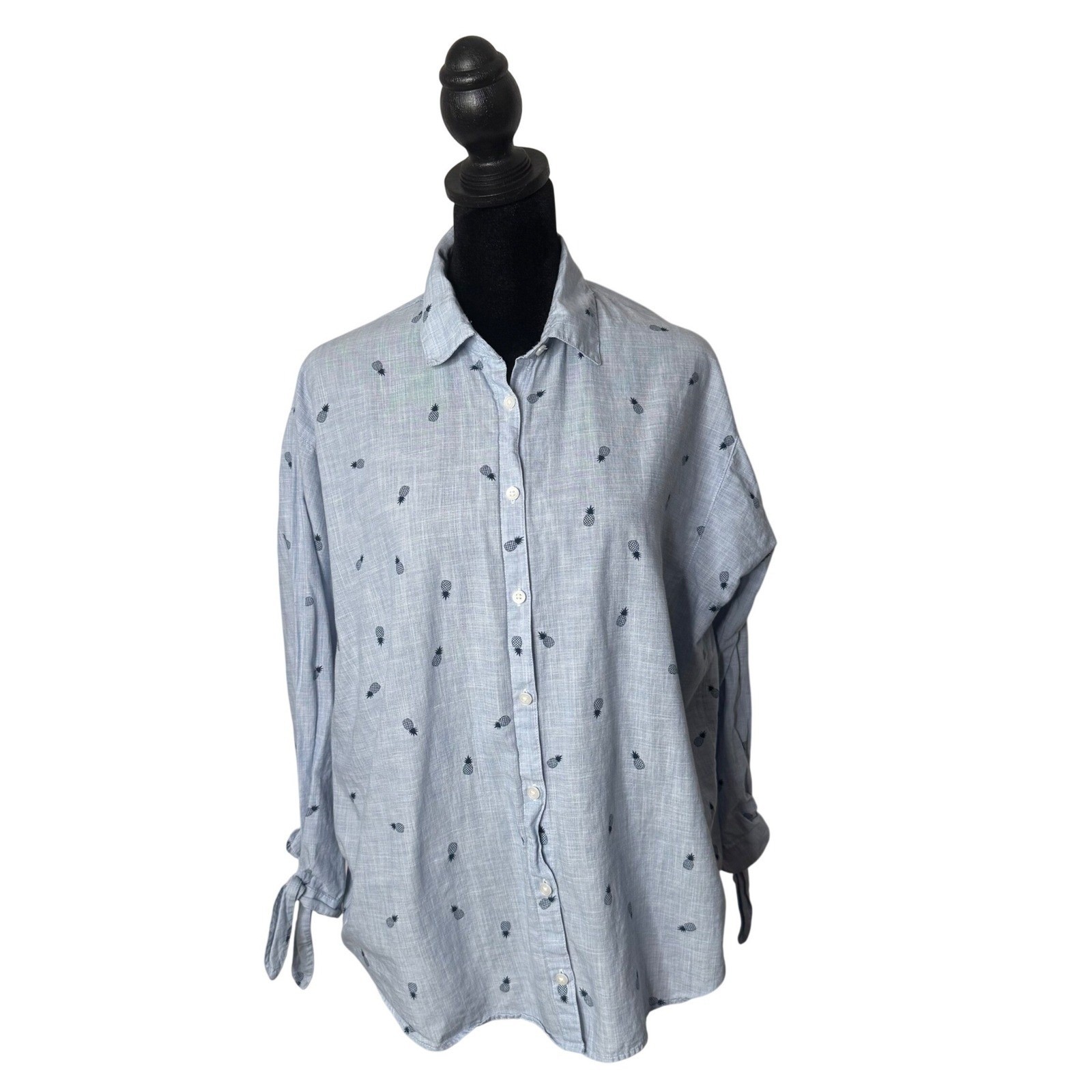 Madewell Pineapple Button Down Shirt Womens M Blue Cotton Tie Cuff Blouse