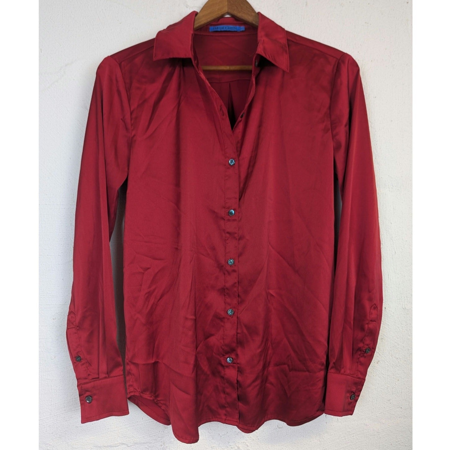 J McLaughlin Satin Blouse Red Button Up Womens XS Stretch Luxe Christmas Office