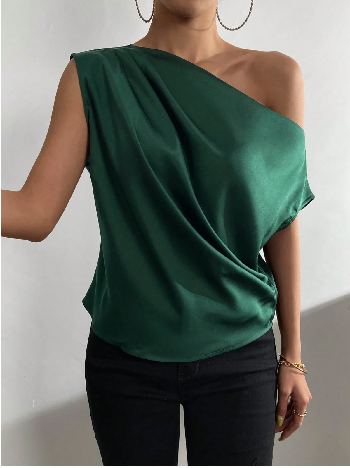 Green Raffinéa Solid Asymmetrical Neck Ruched Satin Blouse One Shoulder Top