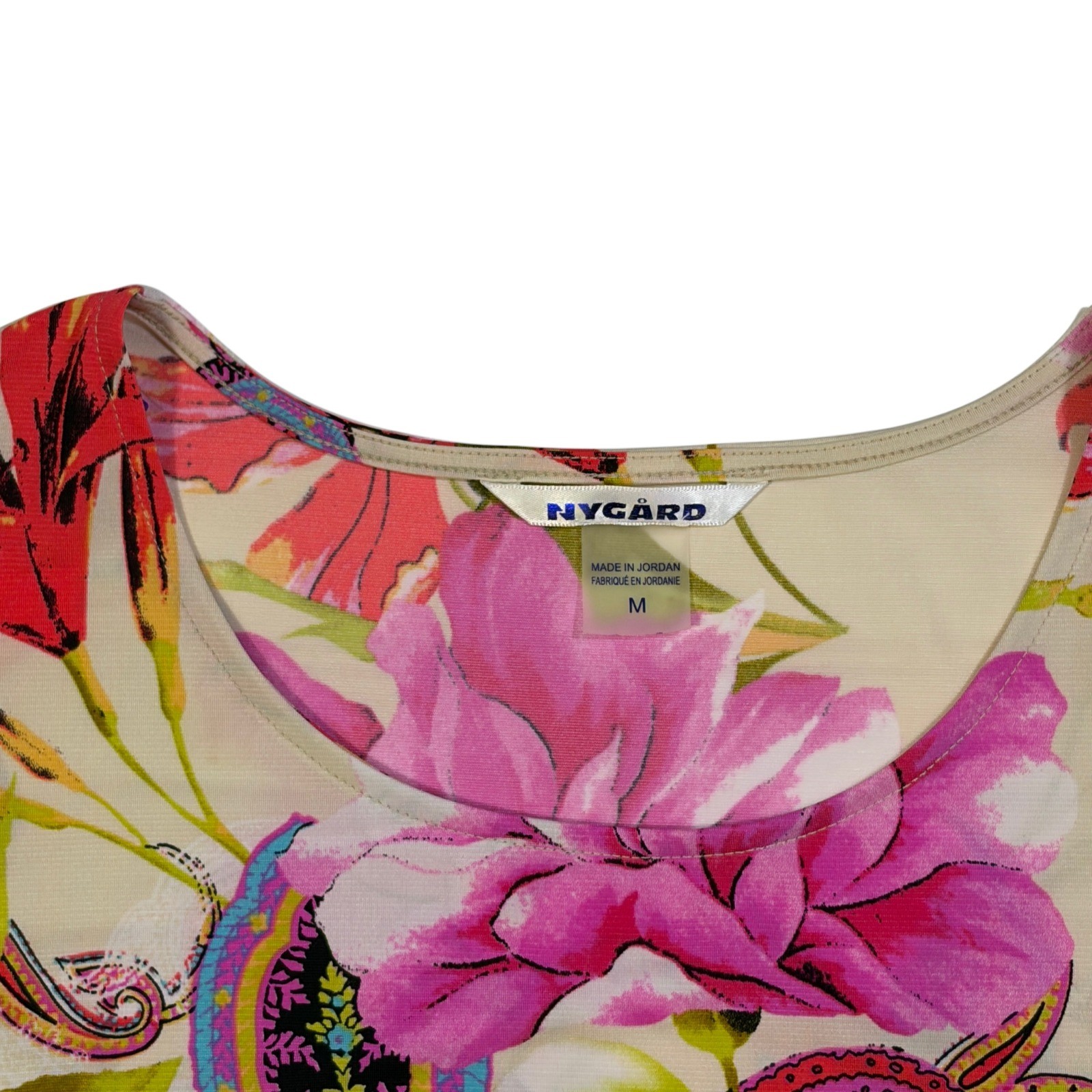 Nygard Floral Paisley Stretch Knit Top Pink Multicolor Short Sleeve Medium