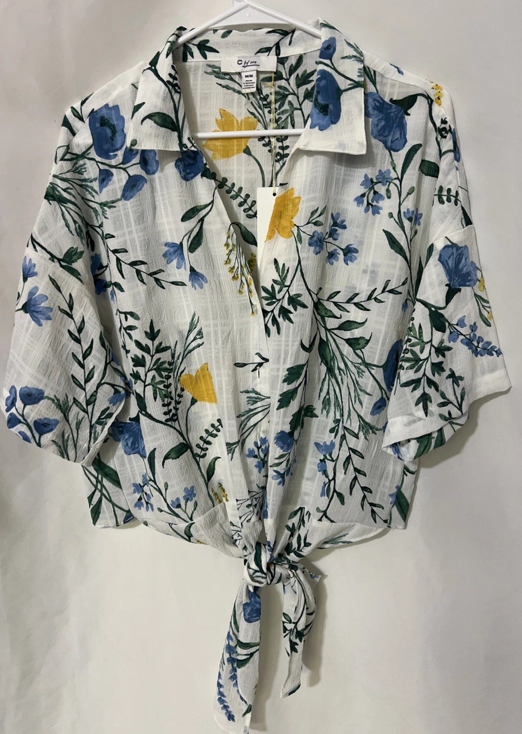 C By One Botanical Floral Tie Waist Blouse Button Front Collar Sz M New