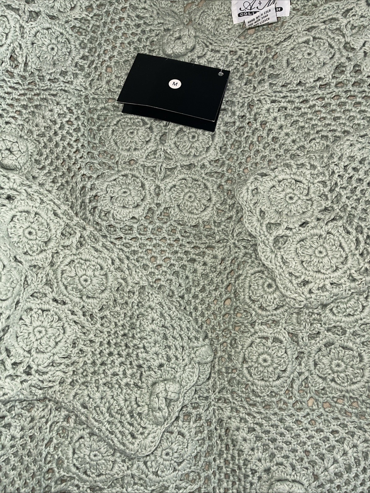NWT A M Collection Handknit Crochet Ramie Cotton Blouse Sweater Sage Green M