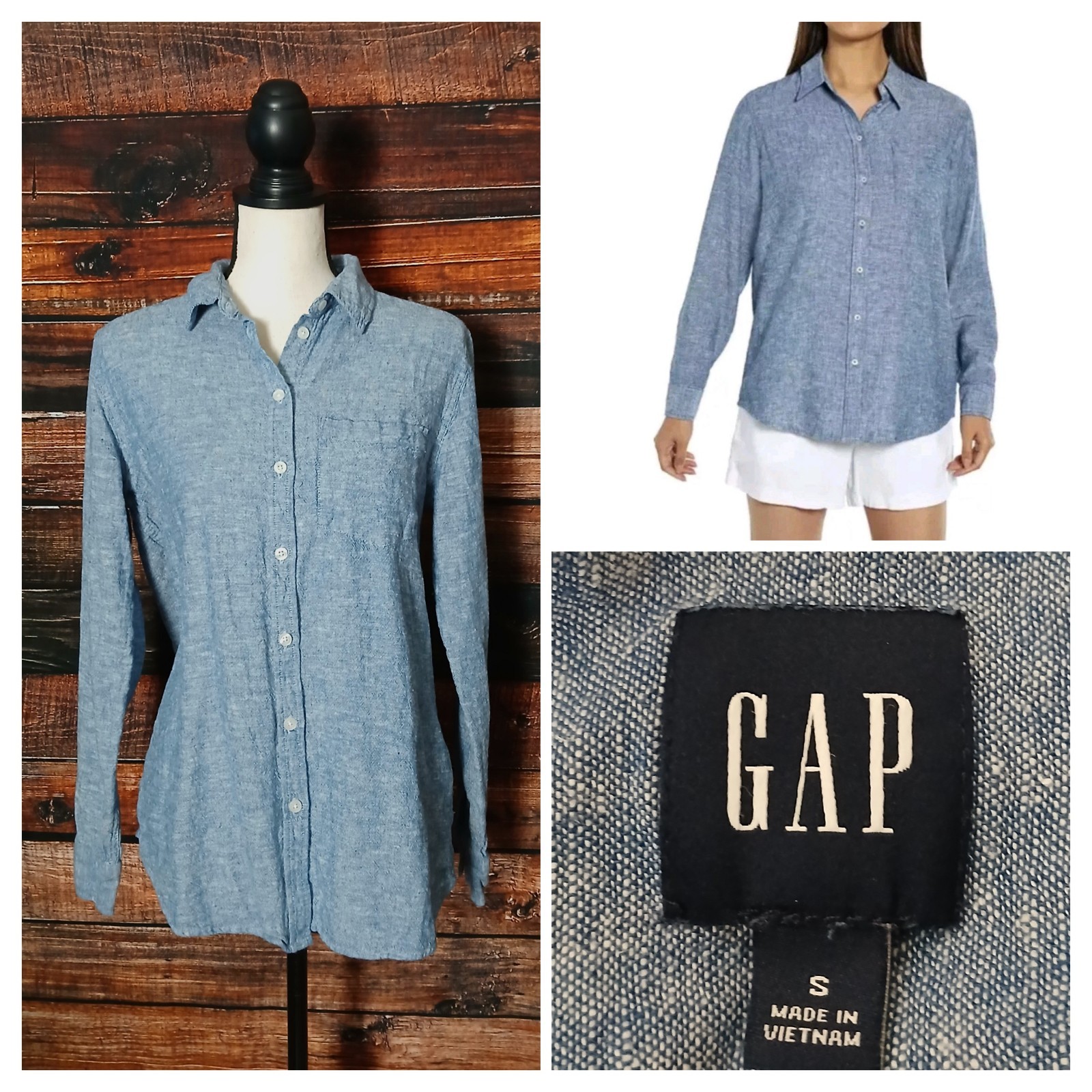 GAP Blouse Top Size S Linen Rayon Blend Shirt Button Front Chambray Blue