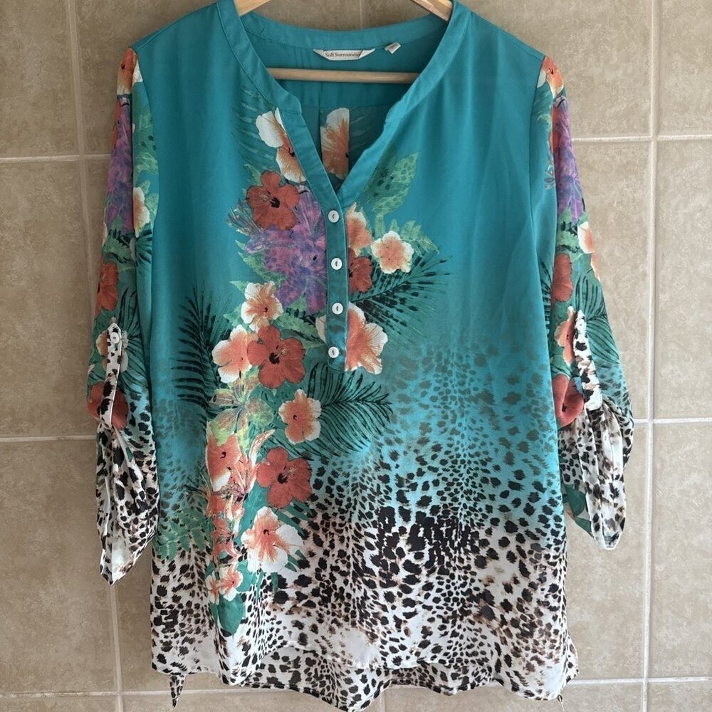 Soft Surroundings Womens Small Top Blue Floral Leopard Tropical Cruise Vacation