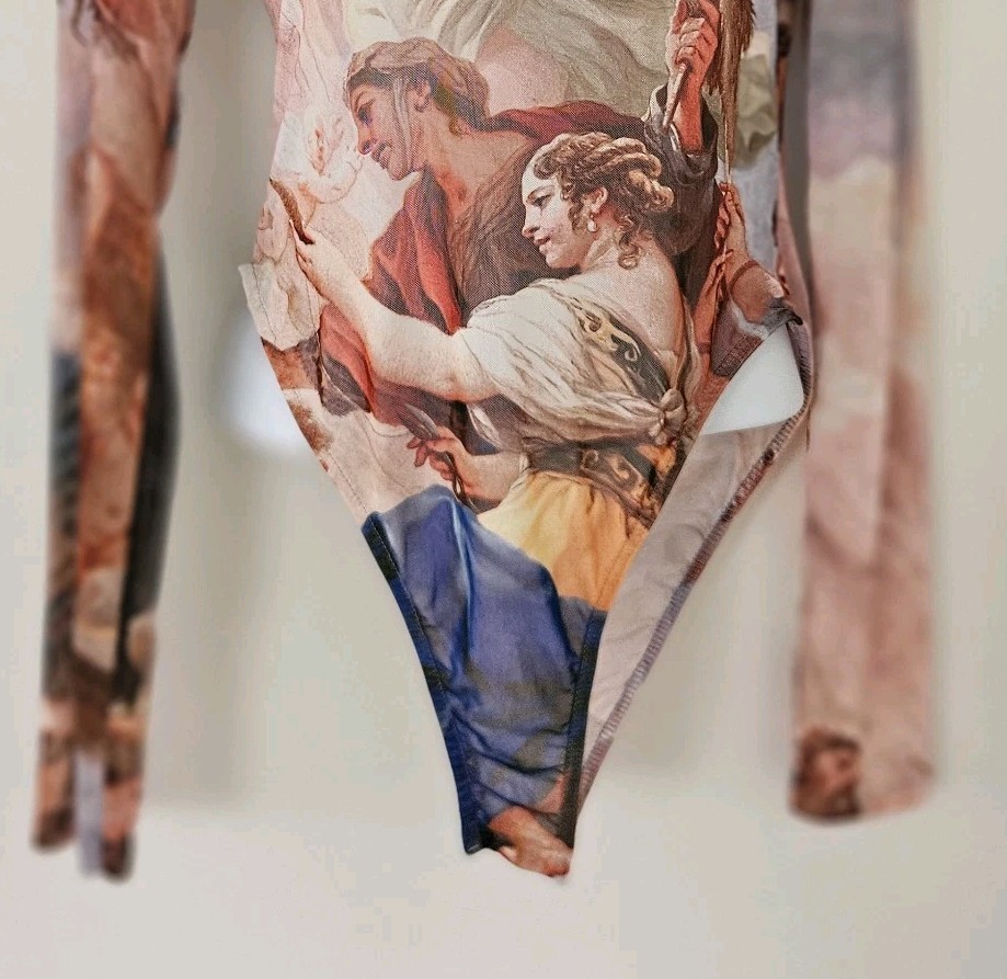 Zara Womens Bodysuit Top L Mesh Sheer Luca Giordano Renaissance Angel Cherub Art
