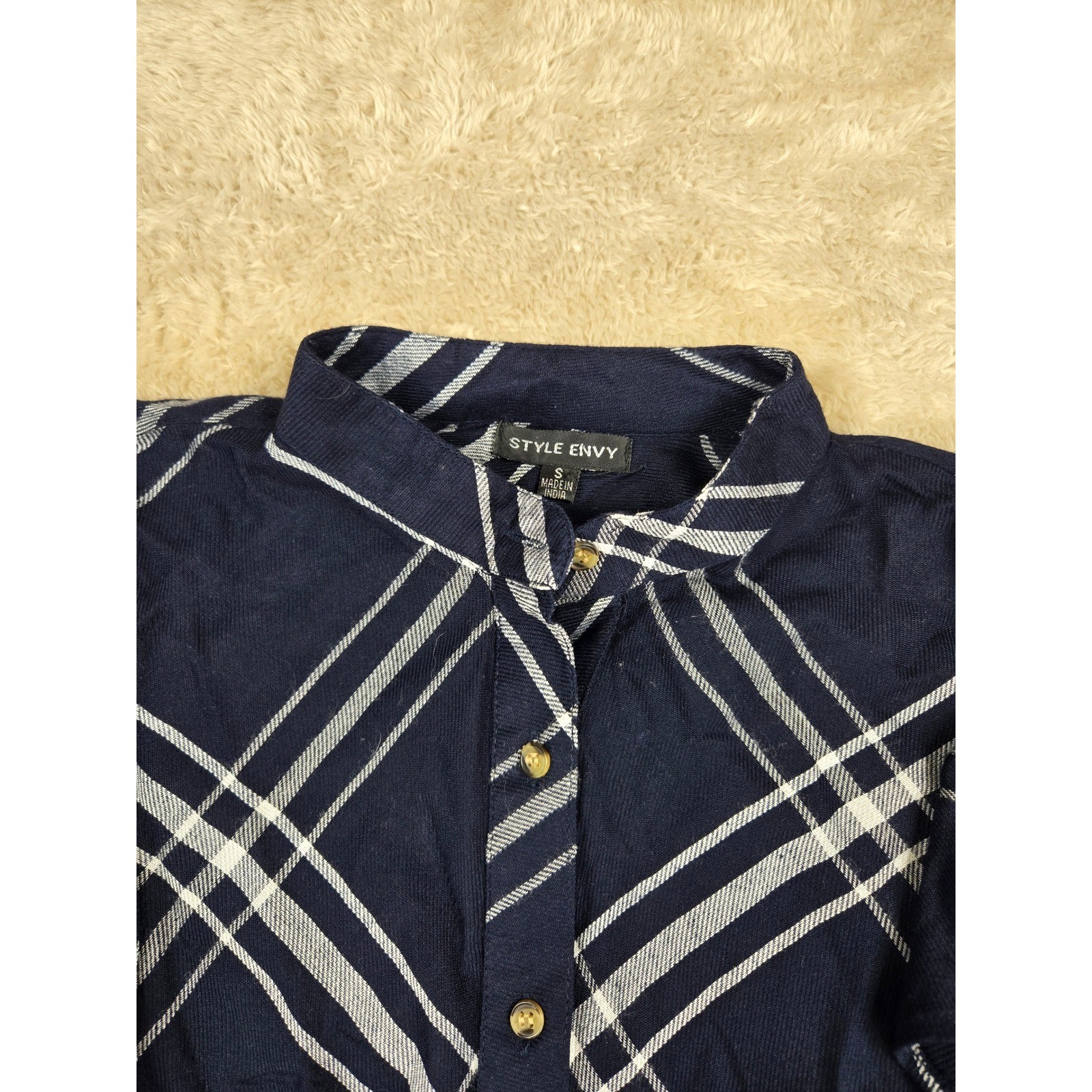 Style Envy Navy White Plaid Button Front Ruffle Peplum Blouse Shirt Women’s S