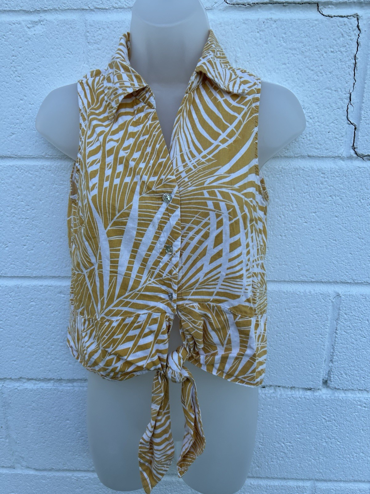 Panama Jack Hawaiian Tie Front Shirt Sz S Sleeveless Cropped Beach Gold Cream