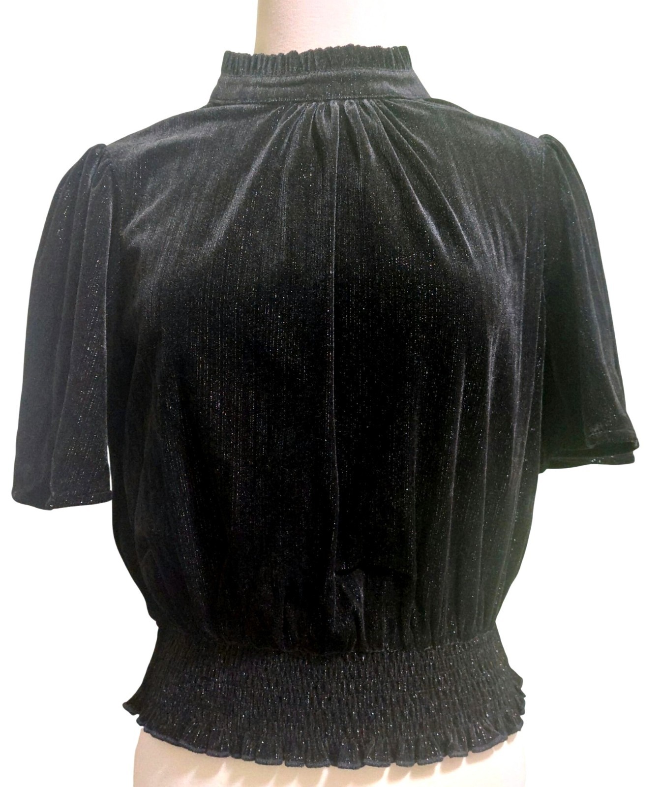 NWT Voy Black Sparkly Short-Sleeve Top W/ Bow Tie Back~Smocked Hem~SMALL