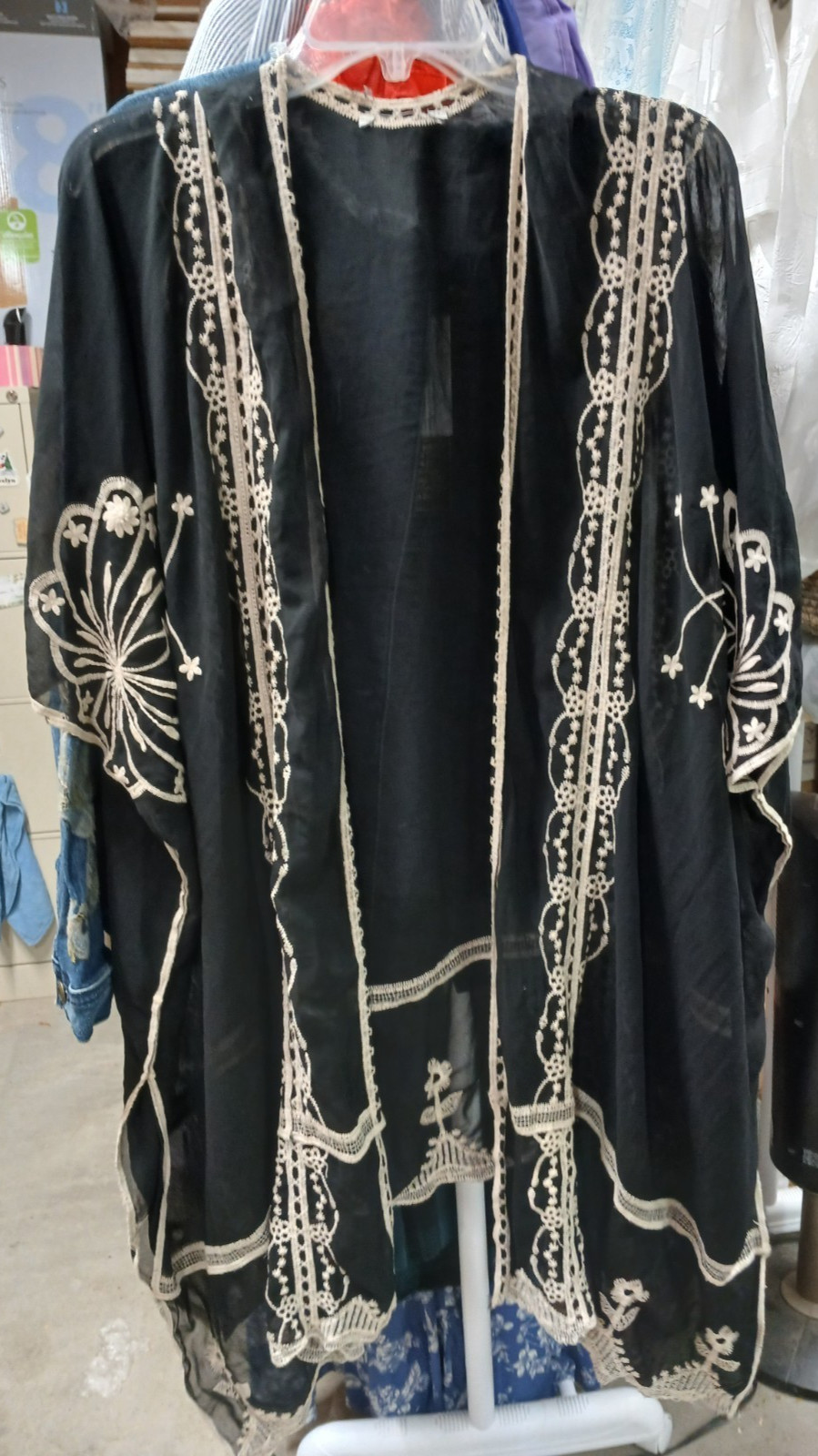 Rachel Zoe Embroidered Sheer Black Open Front Kimono Duster Lace Boho One Size