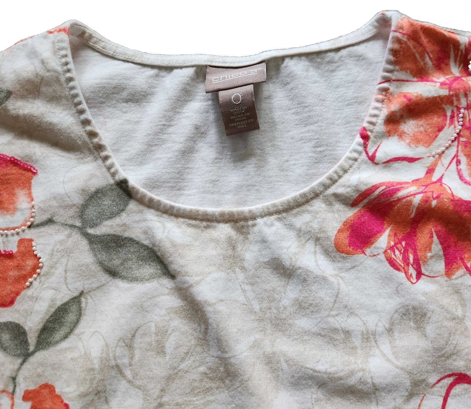 Chico’s Top Shirt Women’s 0 S US 4 White Green Red Orange Floral Cotton