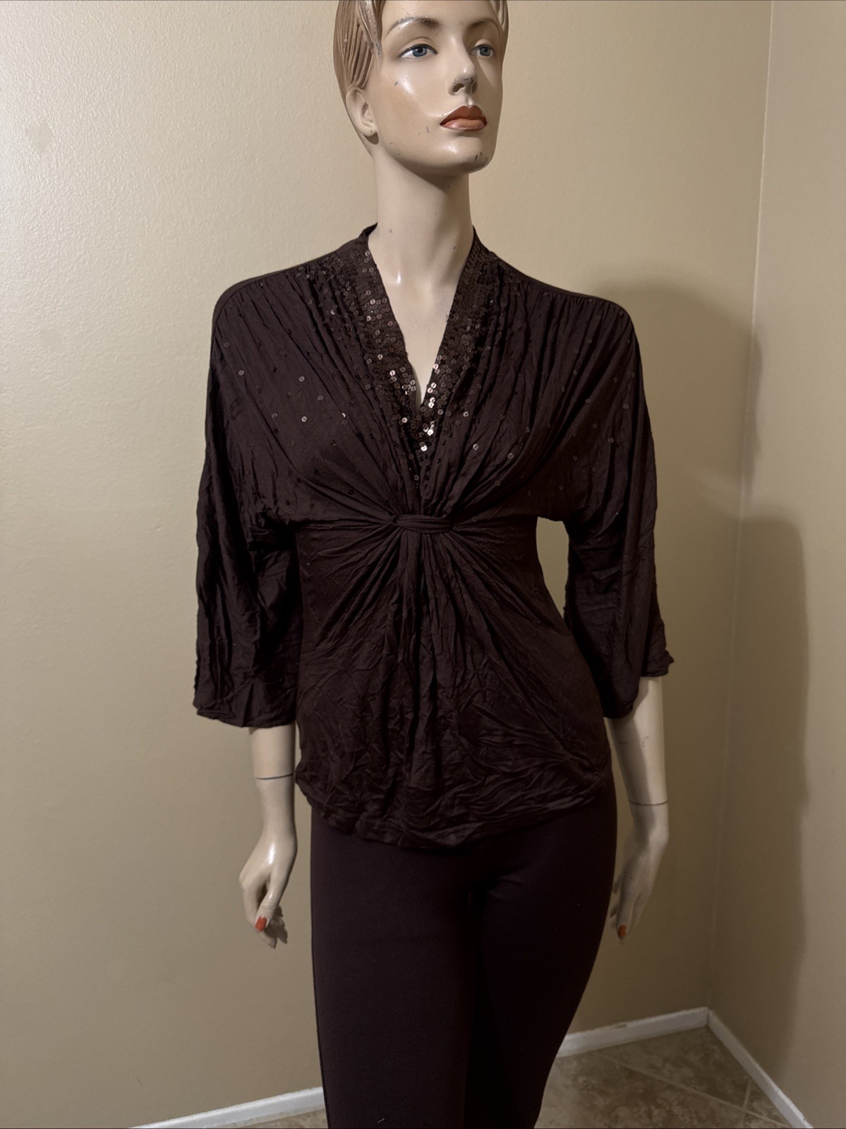 Women’s Brown Rayon Casual Pleated Stretch Beaded Bundle Size L Blouse Top