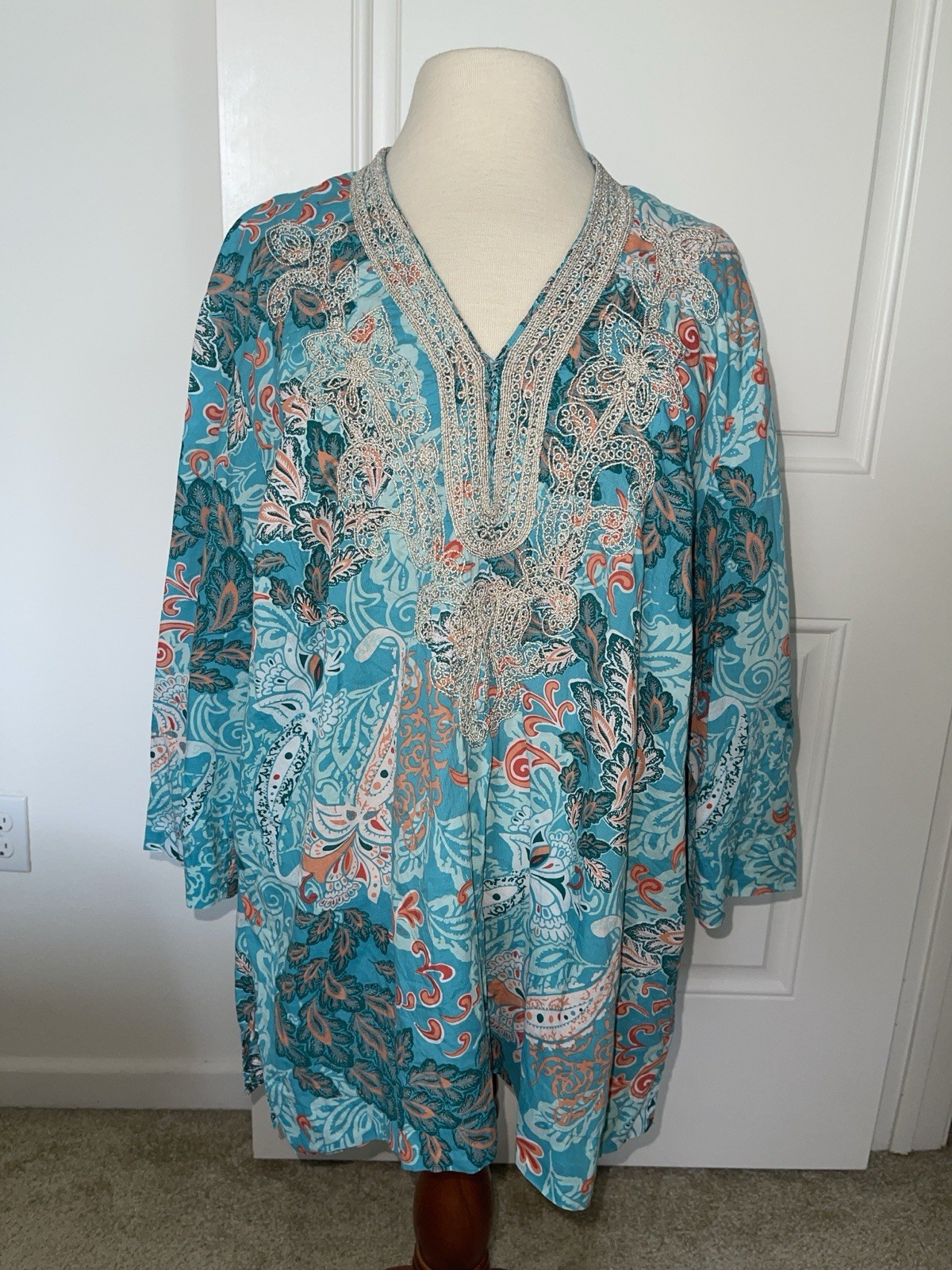 CHARTER CLUB WOMAN 100% Cotton Turquoise/Coral Floral Embroidery Blouse 3X
