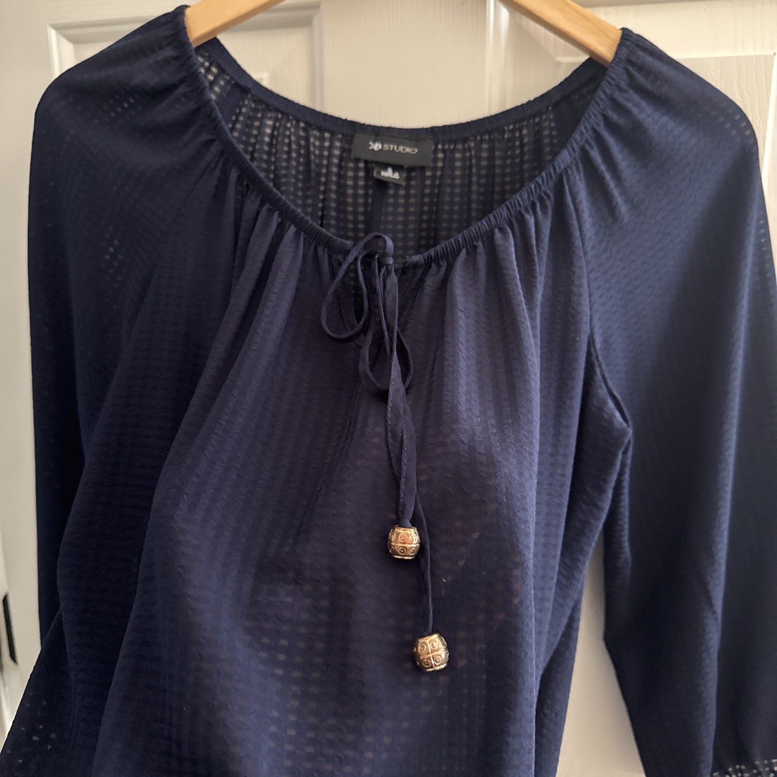 AB Studio Women’s Size Small Sheer Navy Blue Blouse 3/4 Sleeves Bead Accent