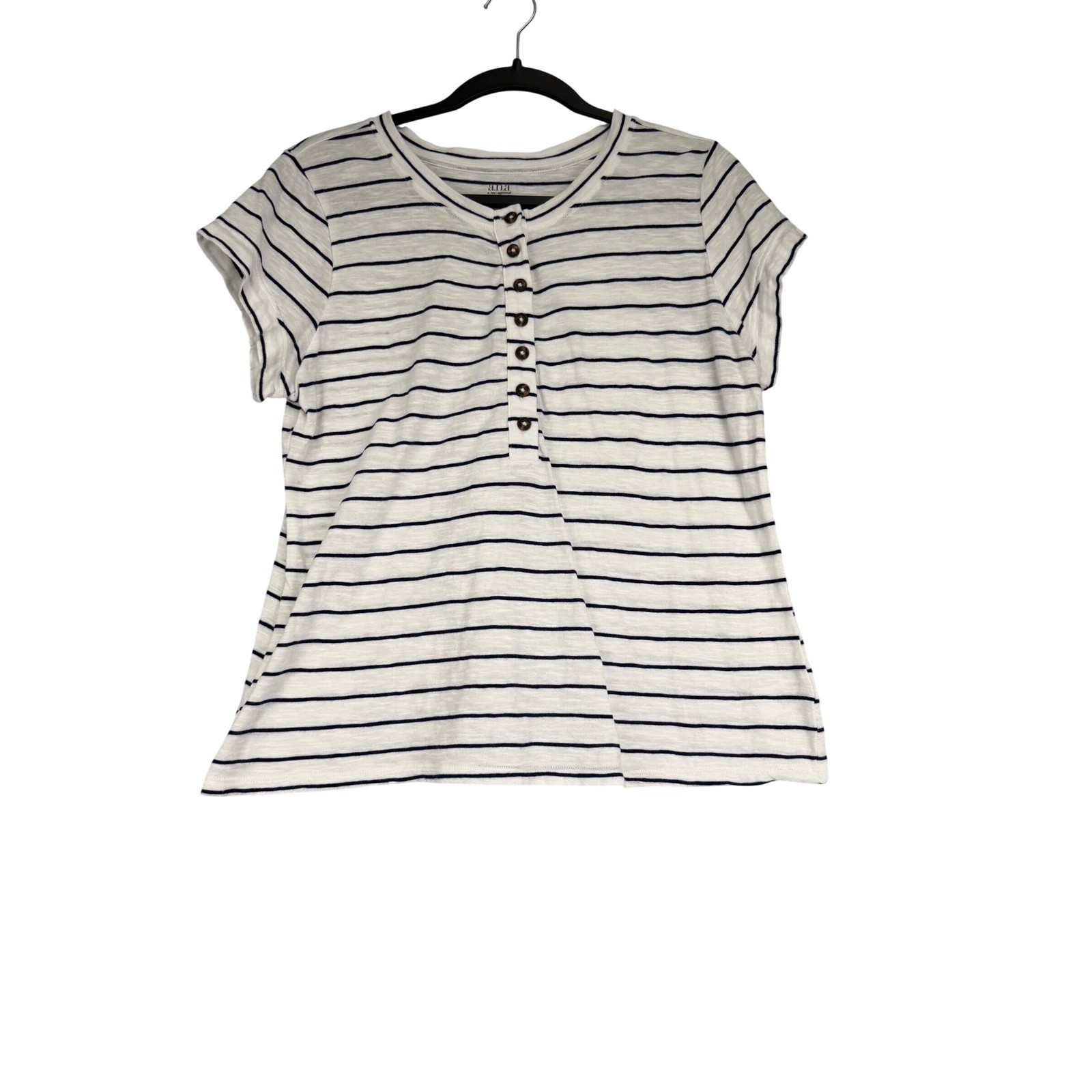 A New Approach Womens Medium Striped Henley Top Short Sleeve Navy White Cotton