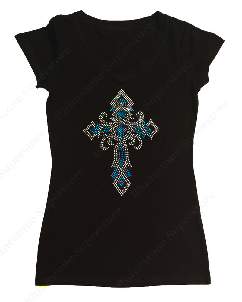 Women’s Rhinestone T-Shirt ” Turquoise Twisted Cross ” in S, M, L, 1X, 2X, 3X