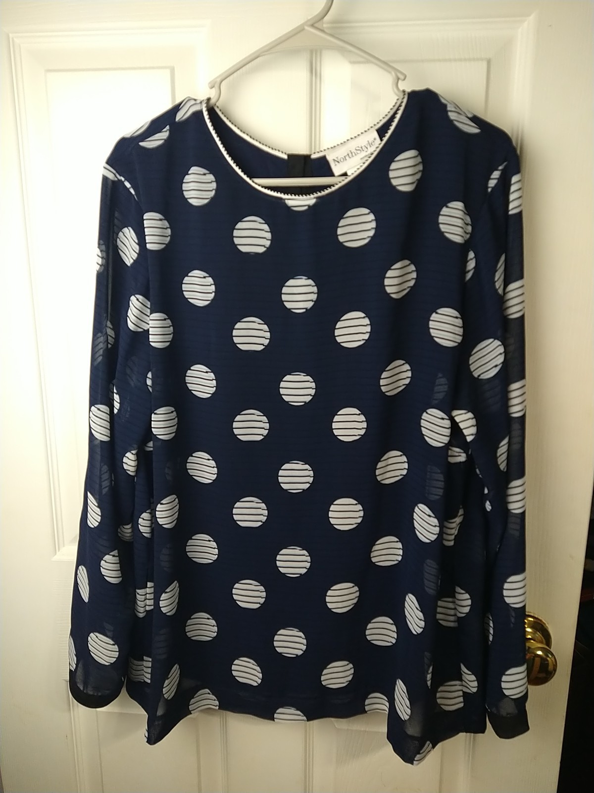 Northstyle Woman L Blouse Long Sheer Sleeve Blue Polkadot Striped Tank Lined…