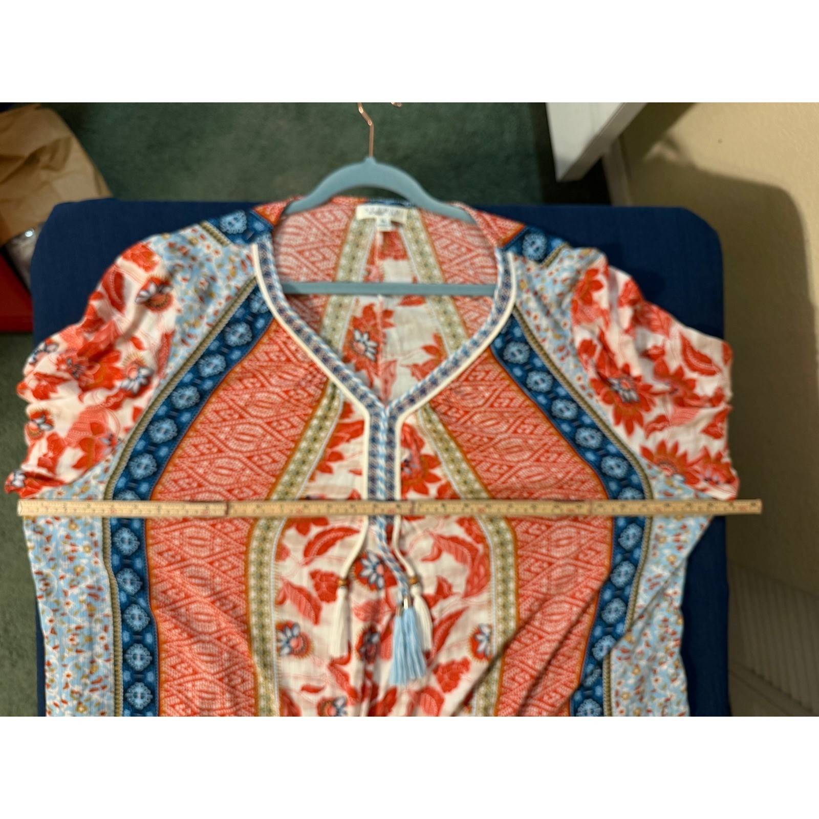 Tunic Blouse Boho Peasant Festival Ethereal 3X Orange Blue Floral Bell Sleeve
