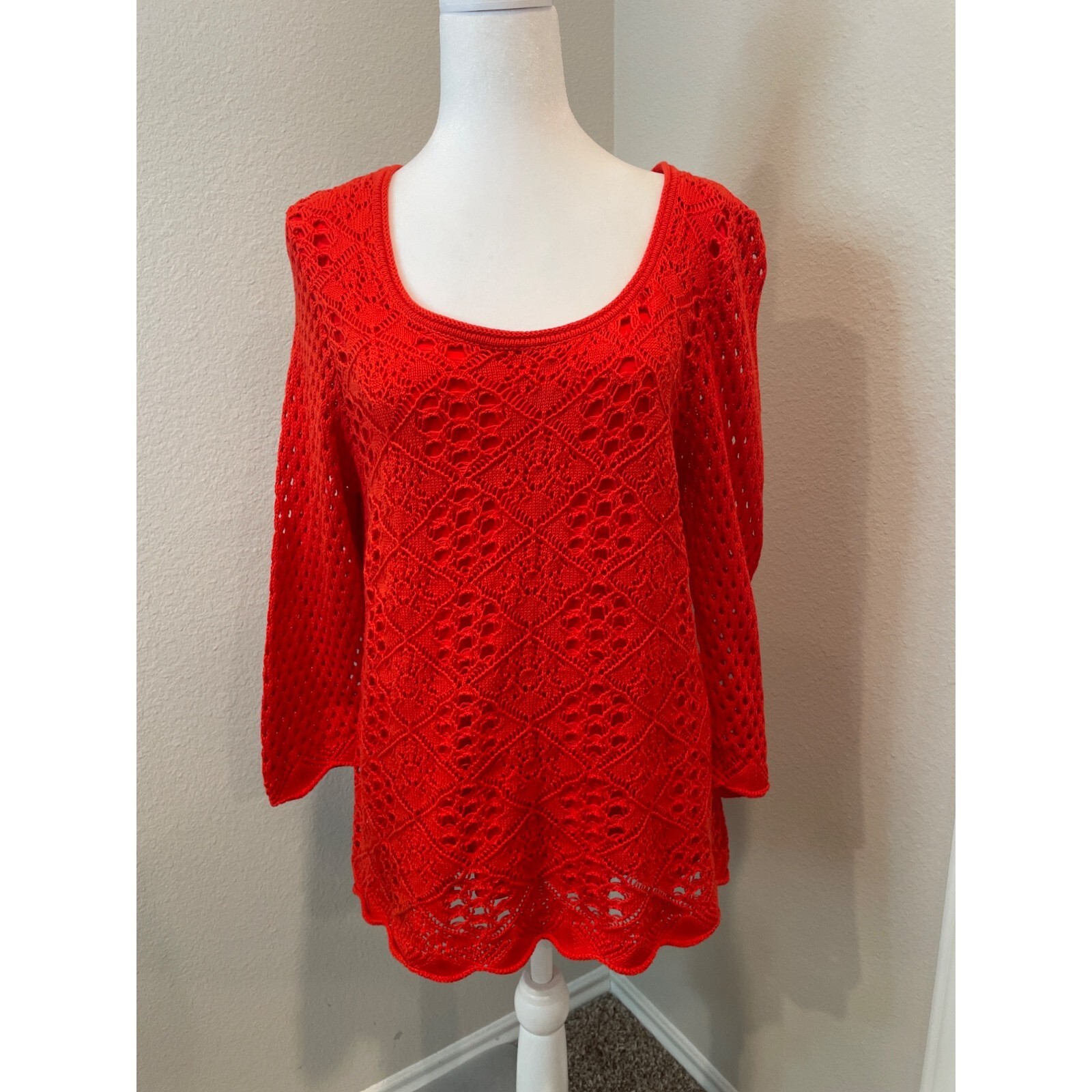 Christina Orange Rayon Cotton Blend Crochet Sleeve Overlay Blouse