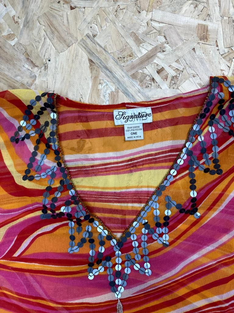 Signature Club A Kaftan Top Womens One Size Pink Orange Psychedelic Sequin