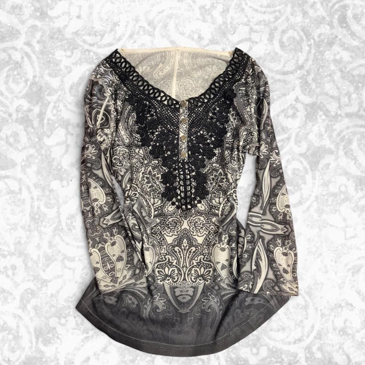 White and Black Paisley Crochet Henley Top