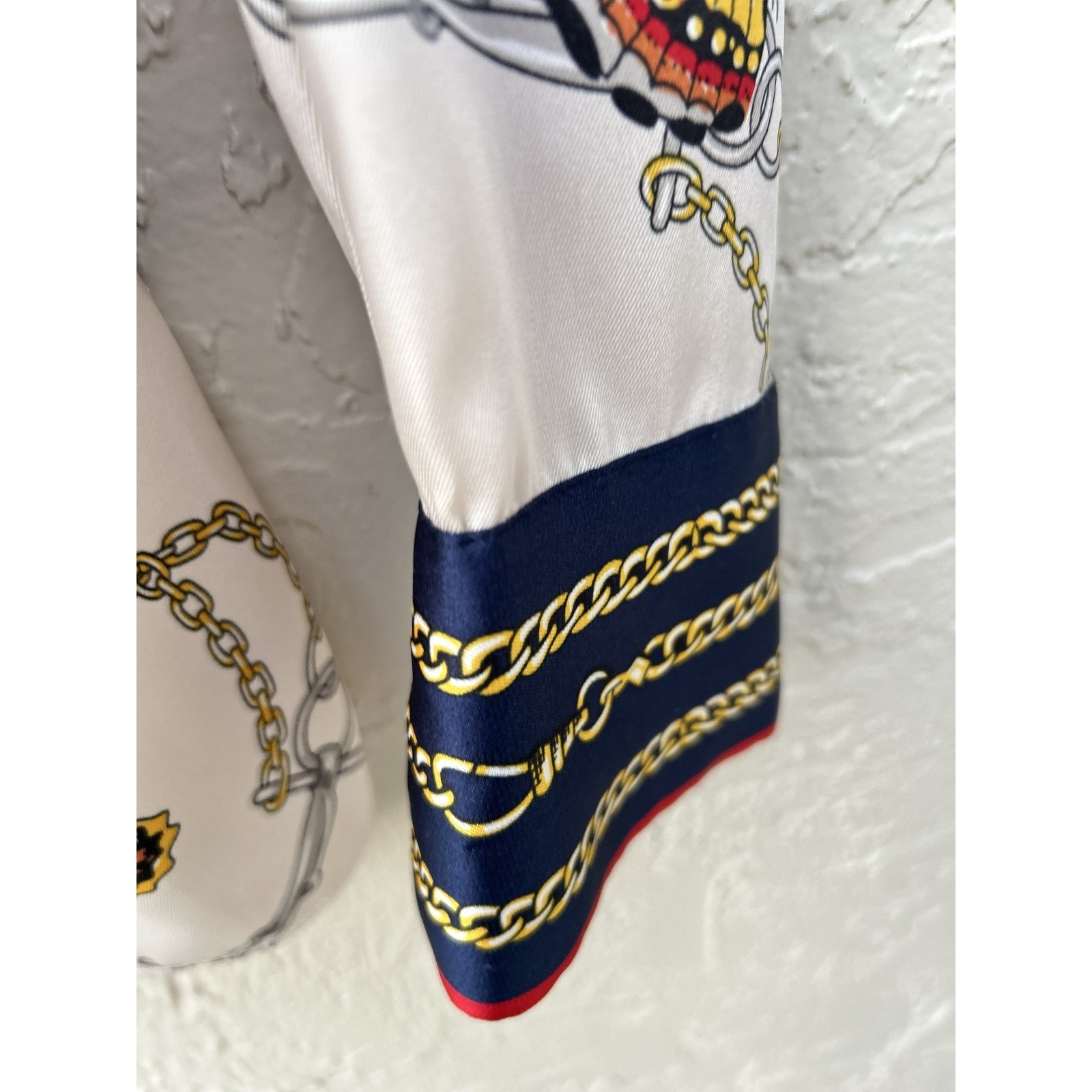 Zara Basic Equestrian Butterfly Chain Print Blouse Cream Satin Long Sleeve M