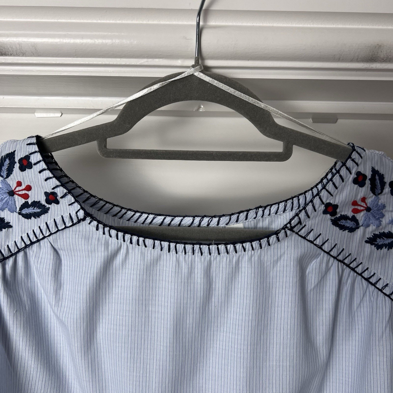 H&M Blouse Top Women’s UK 8 Blue Embroidered Long Sleeved Summer Casual Striped