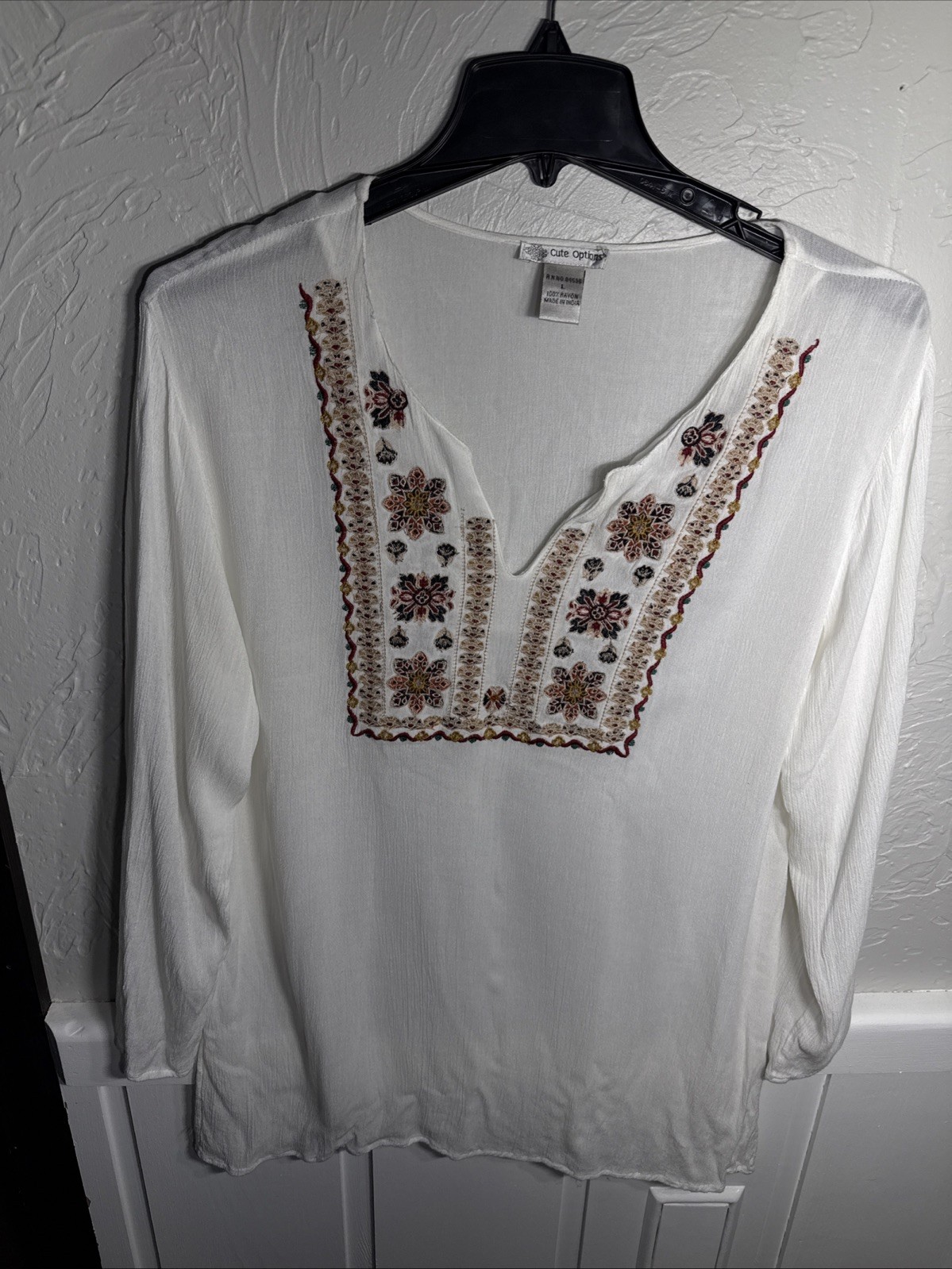 Cute Options WMNsL 100% Rayon Ivory Embroidered Peasant Boho Blouse Long Sleeve