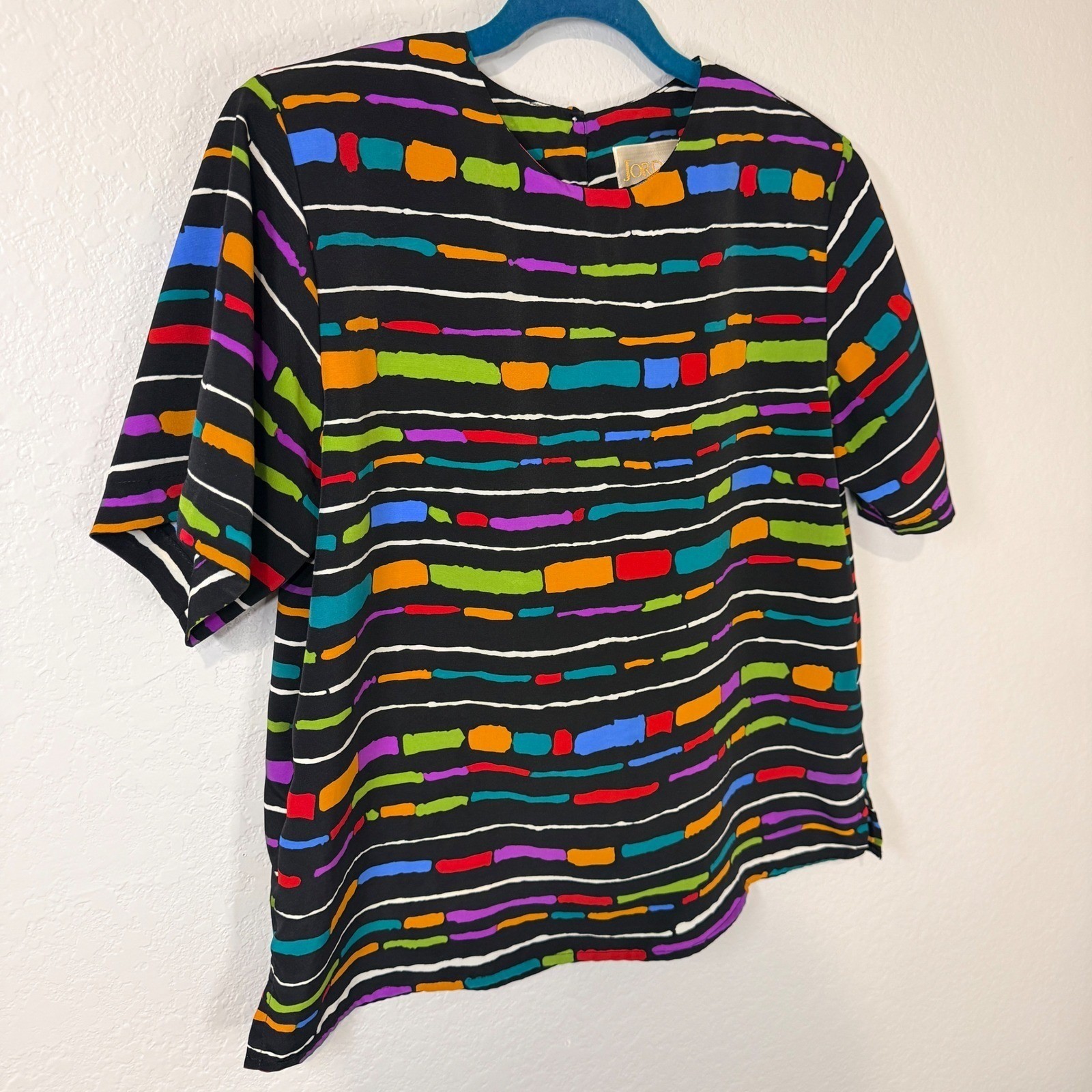 Jordan 80’s Womens L Vibrant Abstract Stripe Top Boho Bold Artsy Statement Retro