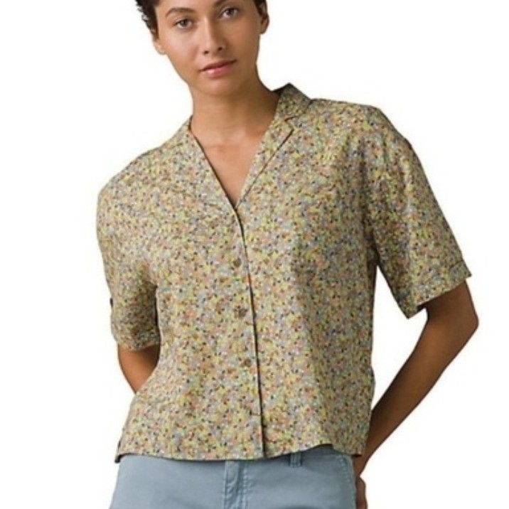 prAna Iguala Top Blue Sea Mist Petals Floral TENCEL Modal Button Front Shirt M
