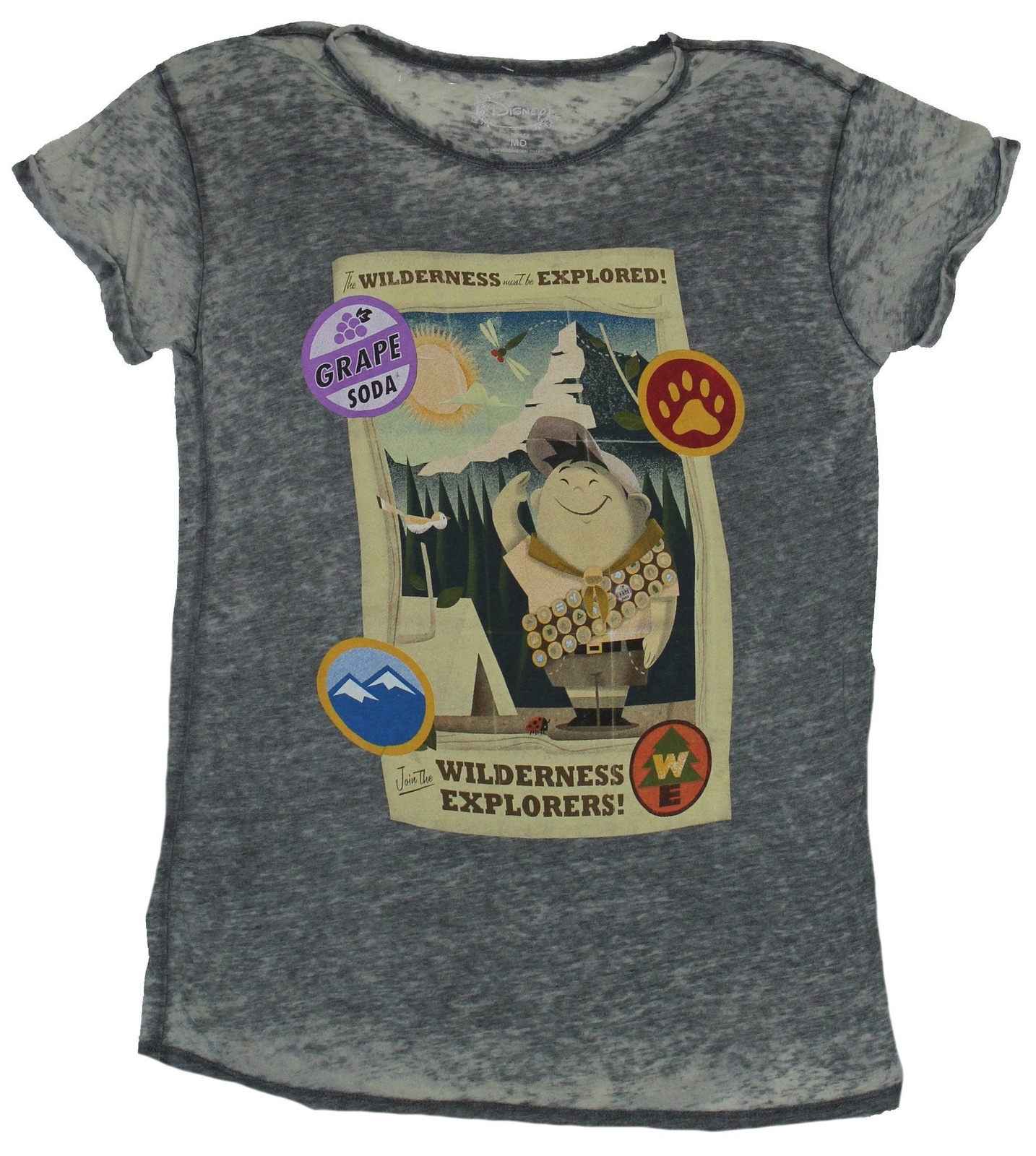 Up Disney Girls Juniors T-Shirt – Wilderness Explorers Badges Happy Boy Box