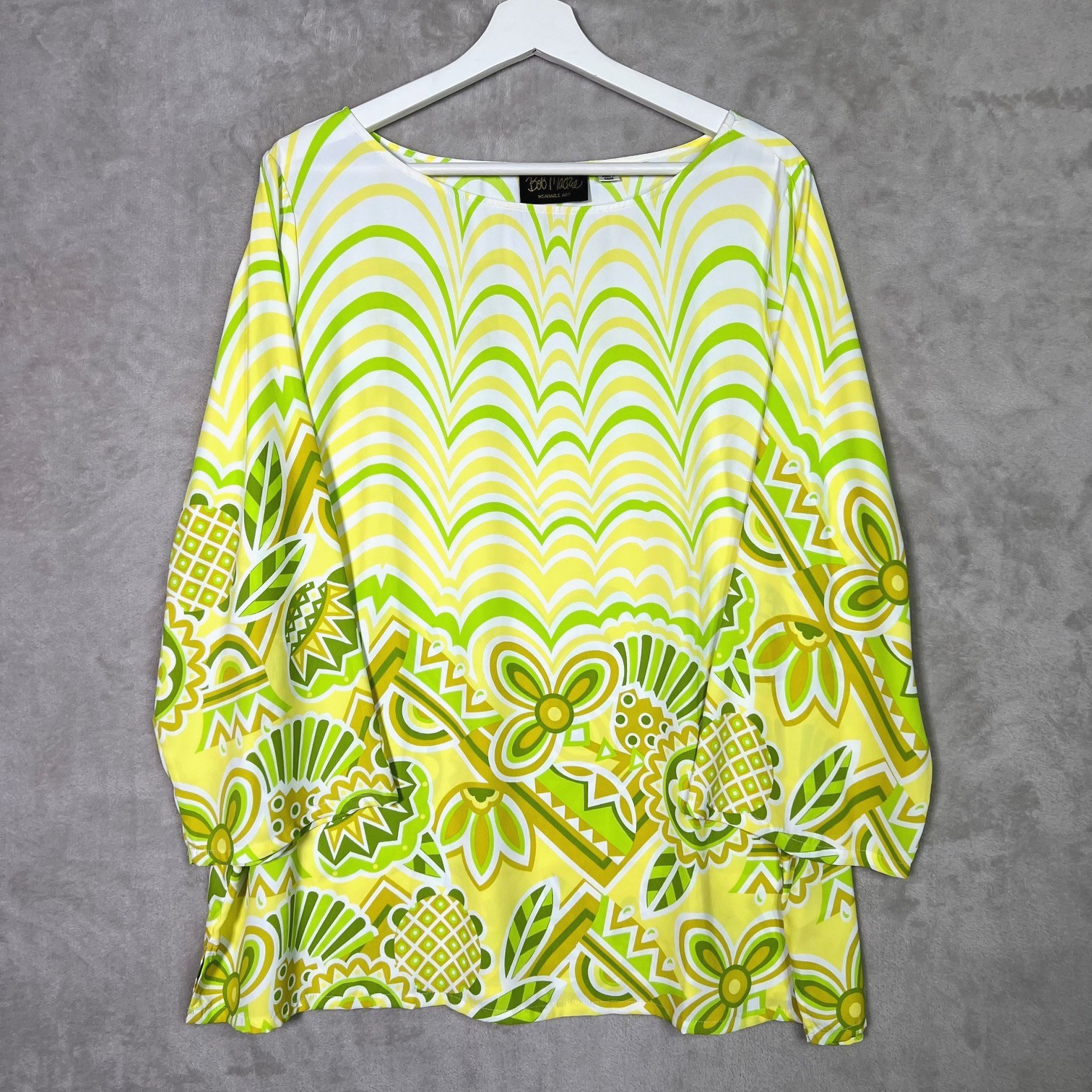Bob Mackie Wearable Art 1X Mod Floral Artsy Tunic Top Retro 60s 70s Boho Print