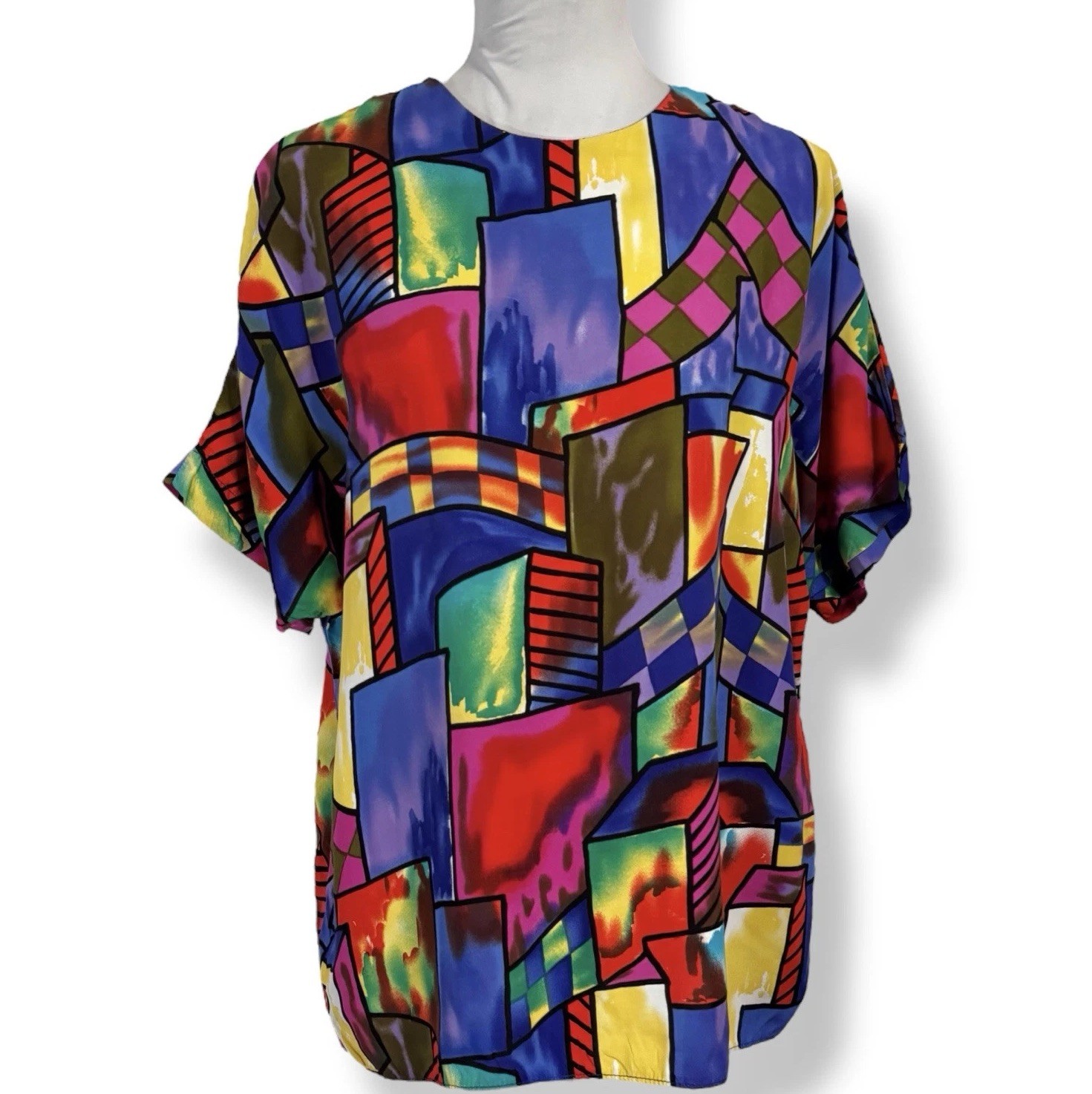 Vintage 90s Bold Geometric Colorblock Top 12 Medium Colorful Abstract Blouse