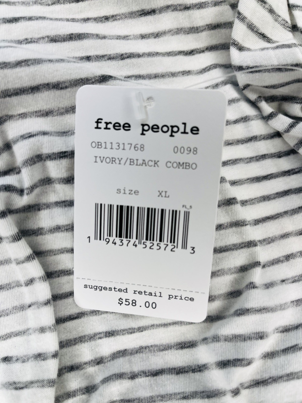 NWT Free People Long Sleeve Shirt, Ivory/Grey Striped Size XL (MSRP $58)
