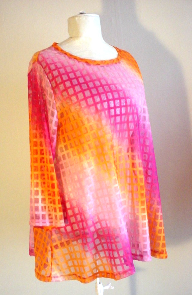 Erin London Sheer Top 3/4 Sleeve 1960s Mod Stretc Pink Orange Grid JN5726