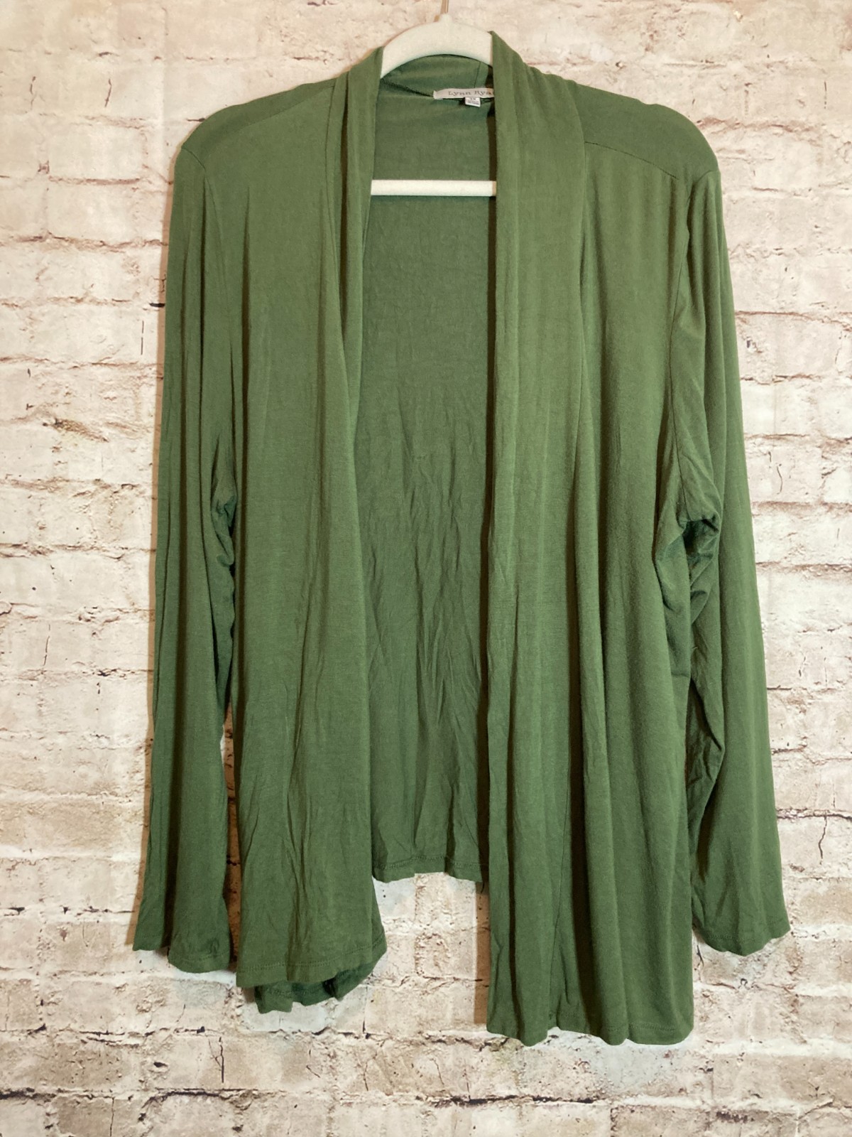 Lynn Ryan Top Womens 3X Olive Green Waterfall Draped Open Front Plus Stretch